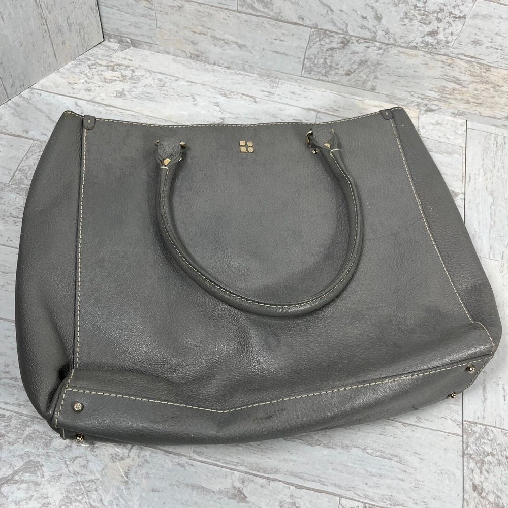 Vintage Kate Spade Tote Bag Gray Leather Jacquard Lining Double Handles Pockets